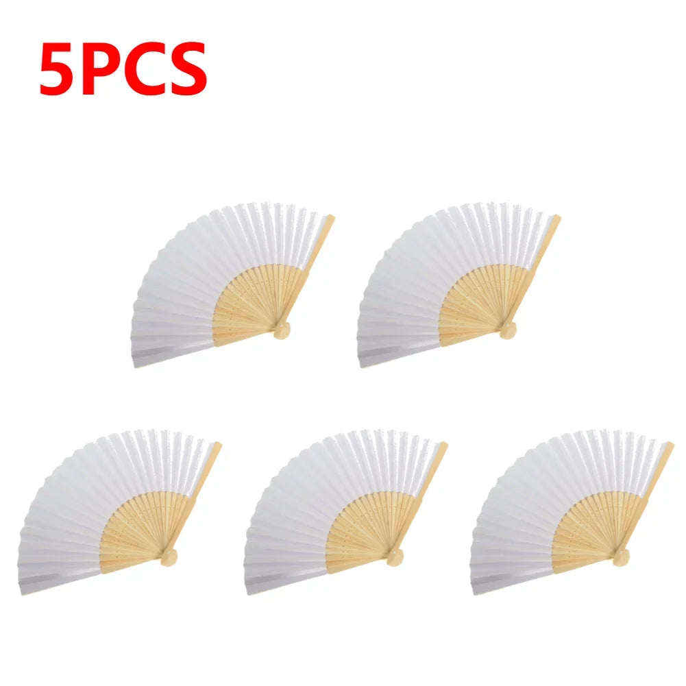 Five white bamboo folding fans displayed individually against a white background.