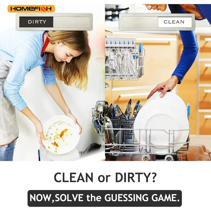 Dishwasher clean or dirty sign magnet showing a comparison between clean and dirty dishes.