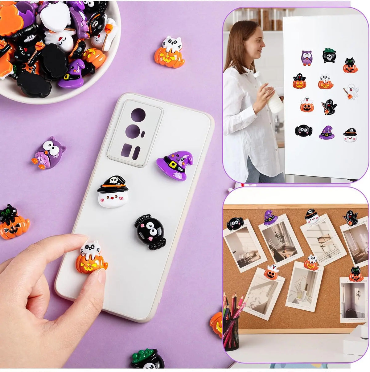 A white resin flatback charm holder displaying various Halloween pumpkin and ghost embellishments.