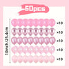 A set of 50 multi-tone pink balloons arranged in five rows of ten, showing various shades of pink and lilac.