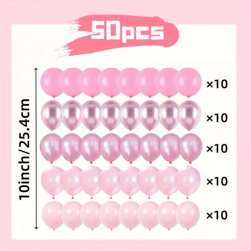 A set of 50 multi-tone pink balloons arranged in five rows of ten, showing various shades of pink and lilac.