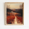 An oil painting of an autumn field with a winding path leading toward a farmhouse and distant hills under a soft sky.