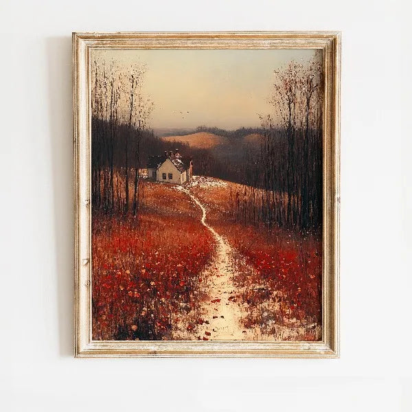 An oil painting of an autumn field with a winding path leading toward a farmhouse and distant hills under a soft sky.