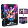 A black photo album binder featuring K-Pop Demon Hunters artwork and a purple iridescent cover.