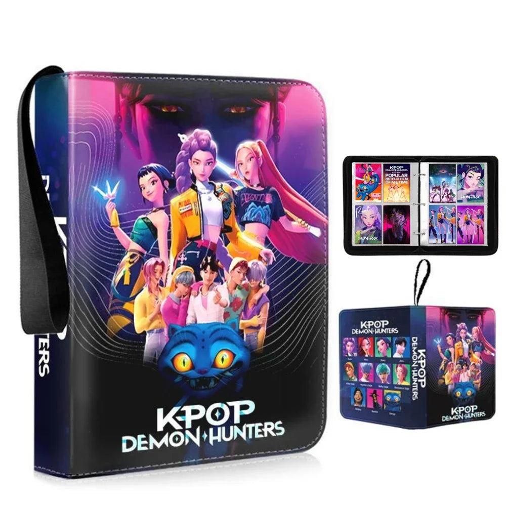 A black photo album binder featuring K-Pop Demon Hunters artwork and a purple iridescent cover.
