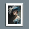 Canvas art print of a vintage woman wearing a large blue hat with feathers and a sheer blue dress