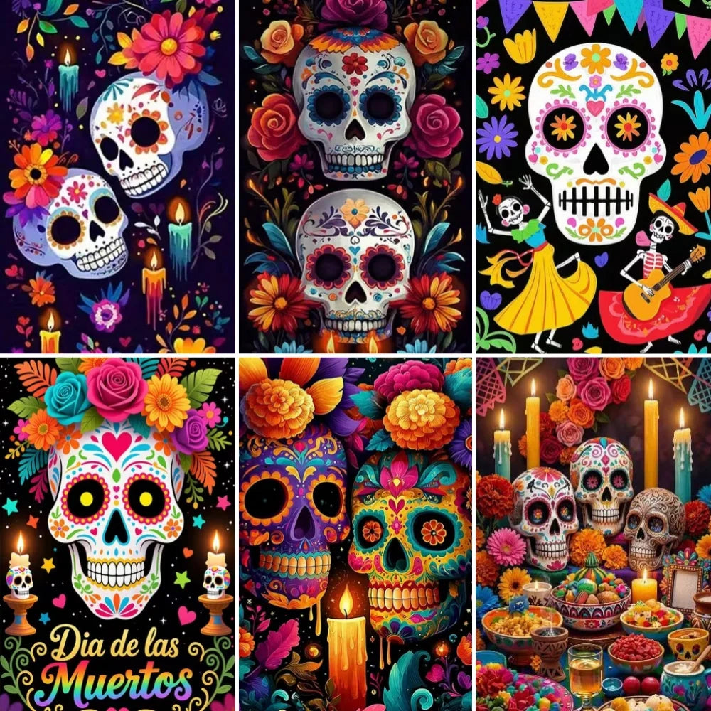A collection of sugar skull designs featuring vibrant colors and papel picado patterns for a door cover.