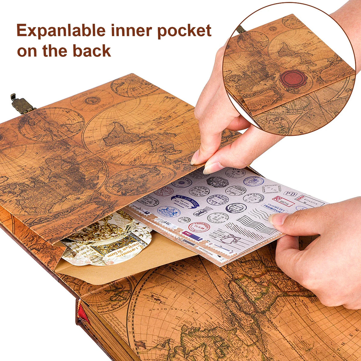 A close-up of a leather scrapbook album showing an expandable inner pocket on the back and pages inside.