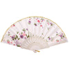 A vintage lace hand fan with a pleated white surface decorated with pink and purple floral patterns.