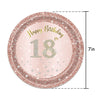 Rose gold glitter birthday plate with 'Happy Birthday 18th' text and diamond accents.