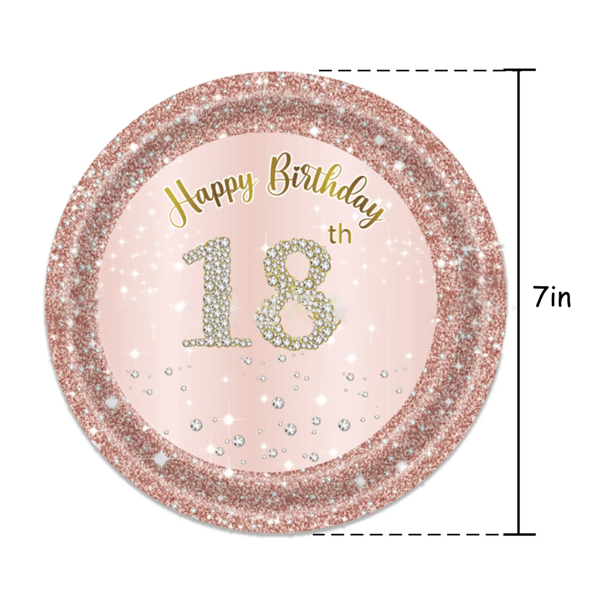 Rose gold glitter birthday plate with 'Happy Birthday 18th' text and diamond accents.