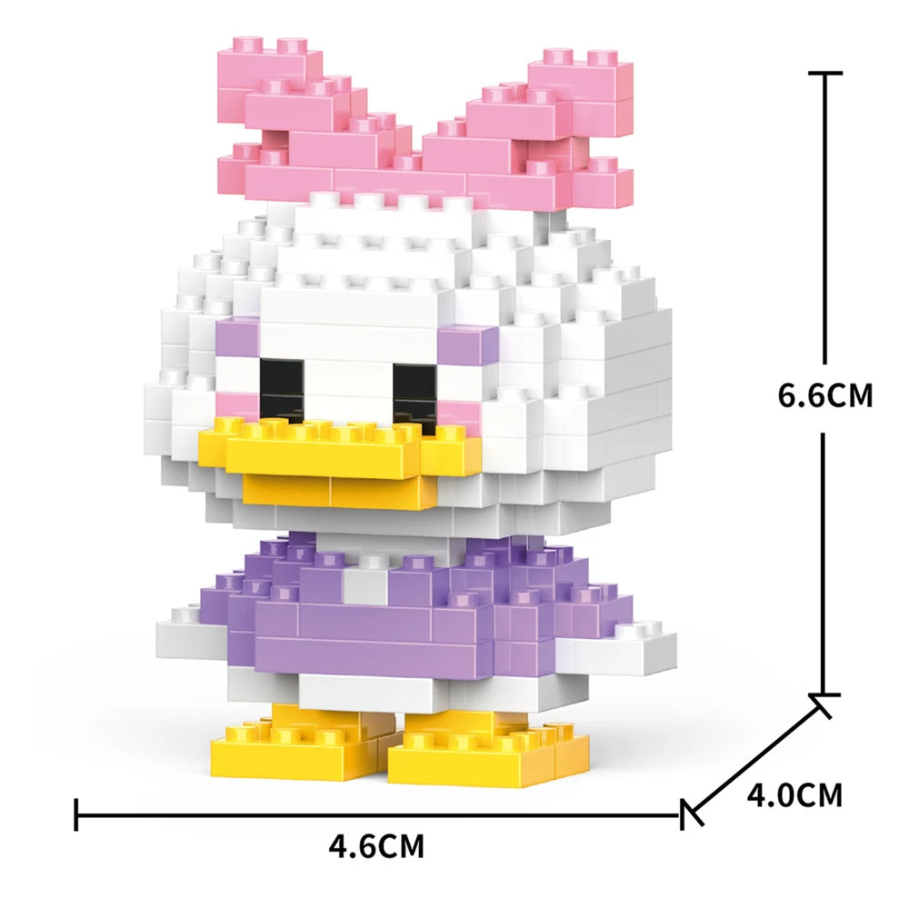 A white and pink animal model built from micro building blocks, showing its size dimensions.