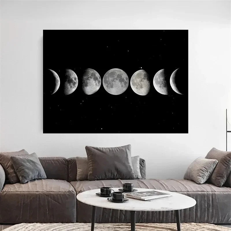 Minimalist black and white canvas wall art featuring a row of moon phases against a dark background