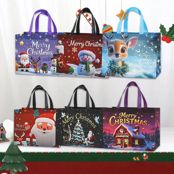 A collection of reusable non-woven Christmas gift bags featuring festive holiday designs and various colors.
