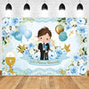 A watercolor illustration of a boy in a suit receiving communion surrounded by blue and white flowers and gold accents.