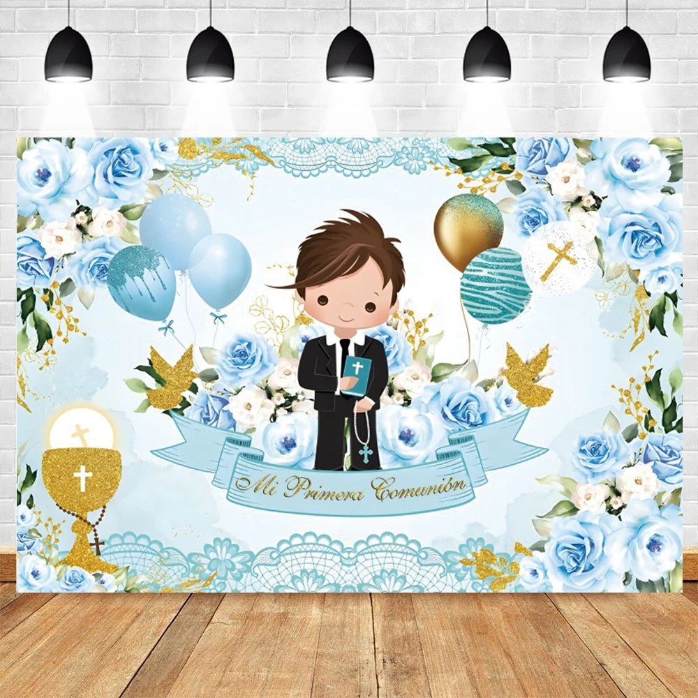 A watercolor illustration of a boy in a suit receiving communion surrounded by blue and white flowers and gold accents.