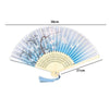 Antique style bamboo folding hand fan with blue and white floral patterns