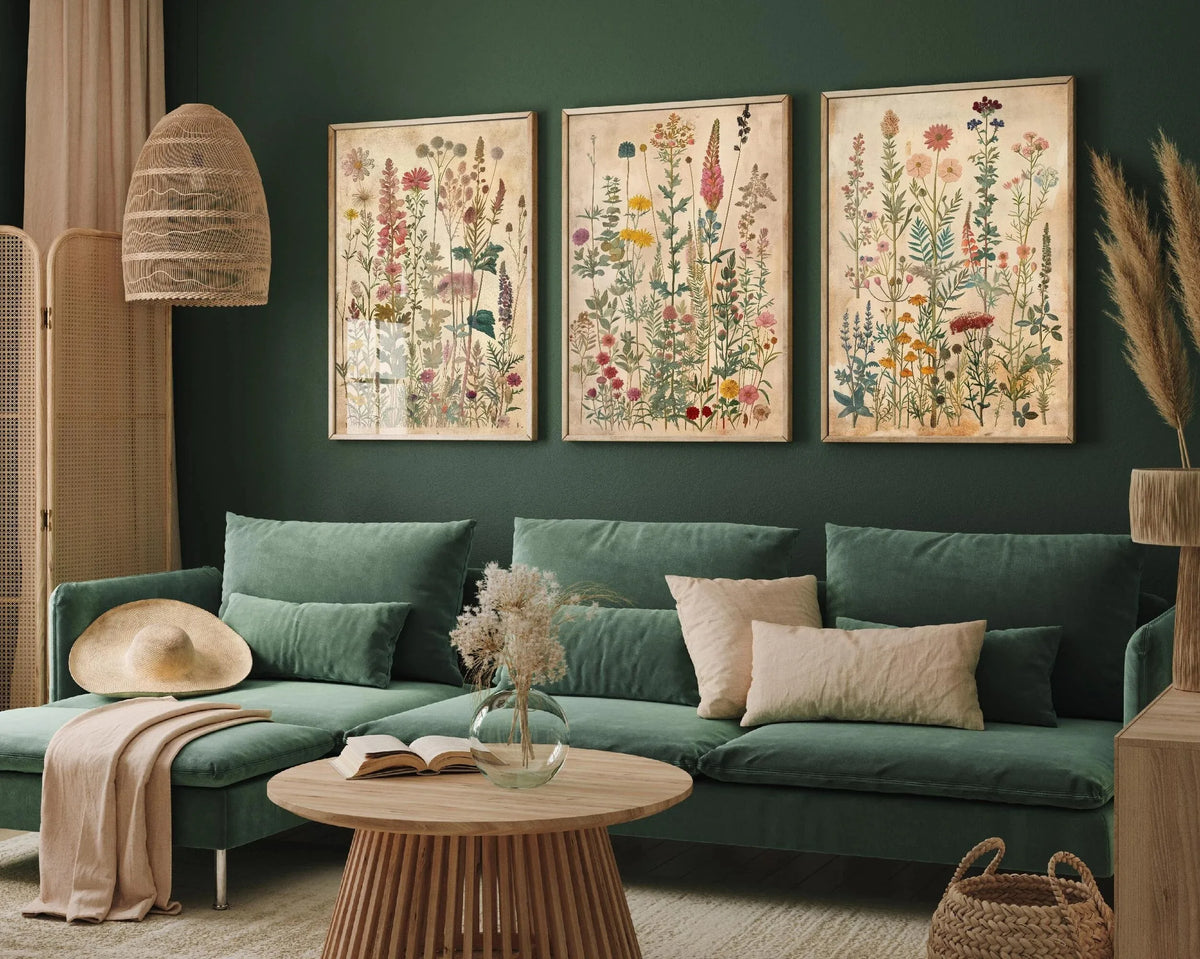 Three canvas prints featuring retro wildflower landscapes displayed on a dark green sofa.