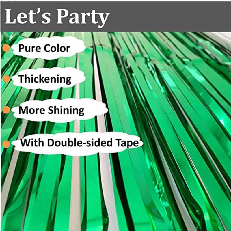 Green metallic tinsel foil fringe curtain backdrop with double-sided tape for parties