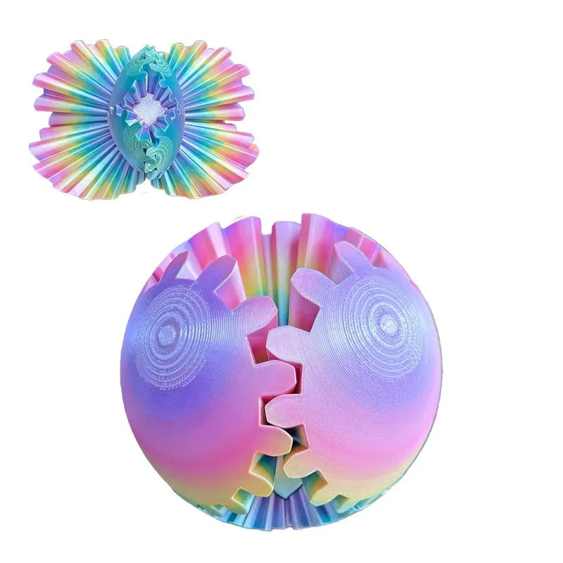 A colorful, iridescent 3D printed gear ball fidget spinner with a spiky, fan-like design.