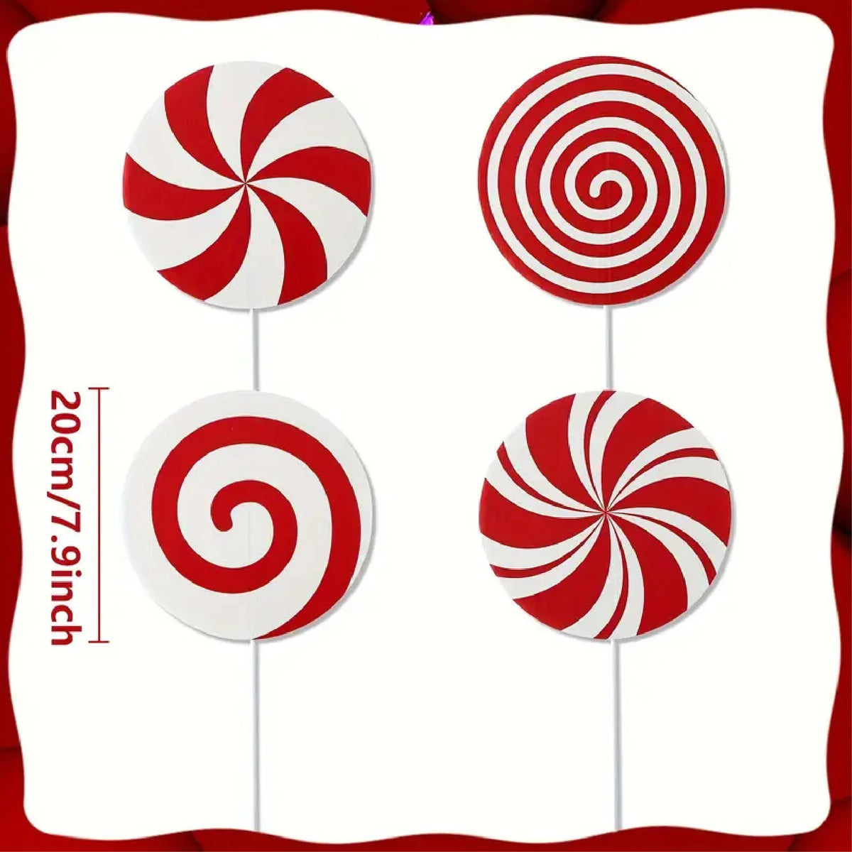 Set of four peppermint swirl Christmas tree toppers in red and white.