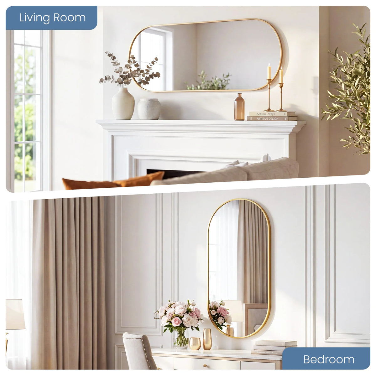 An oval wall mirror with a gold metal frame is displayed above a white fireplace mantel in a bright living room.