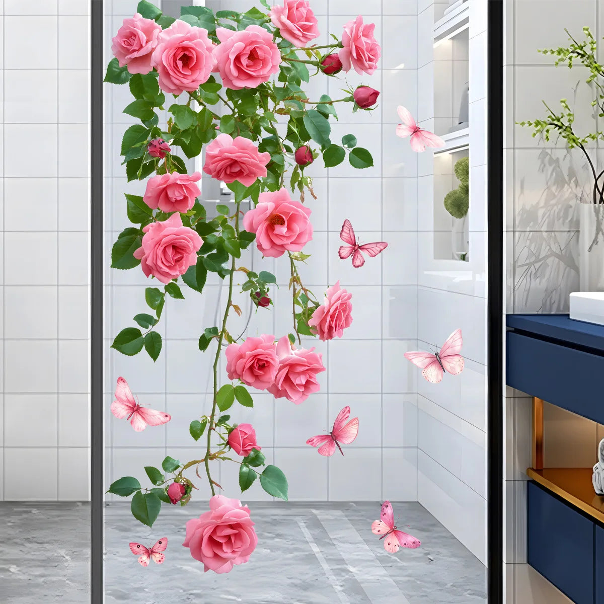 Pink rose and butterfly floral window decal featuring pink roses and delicate butterflies on a glass panel.