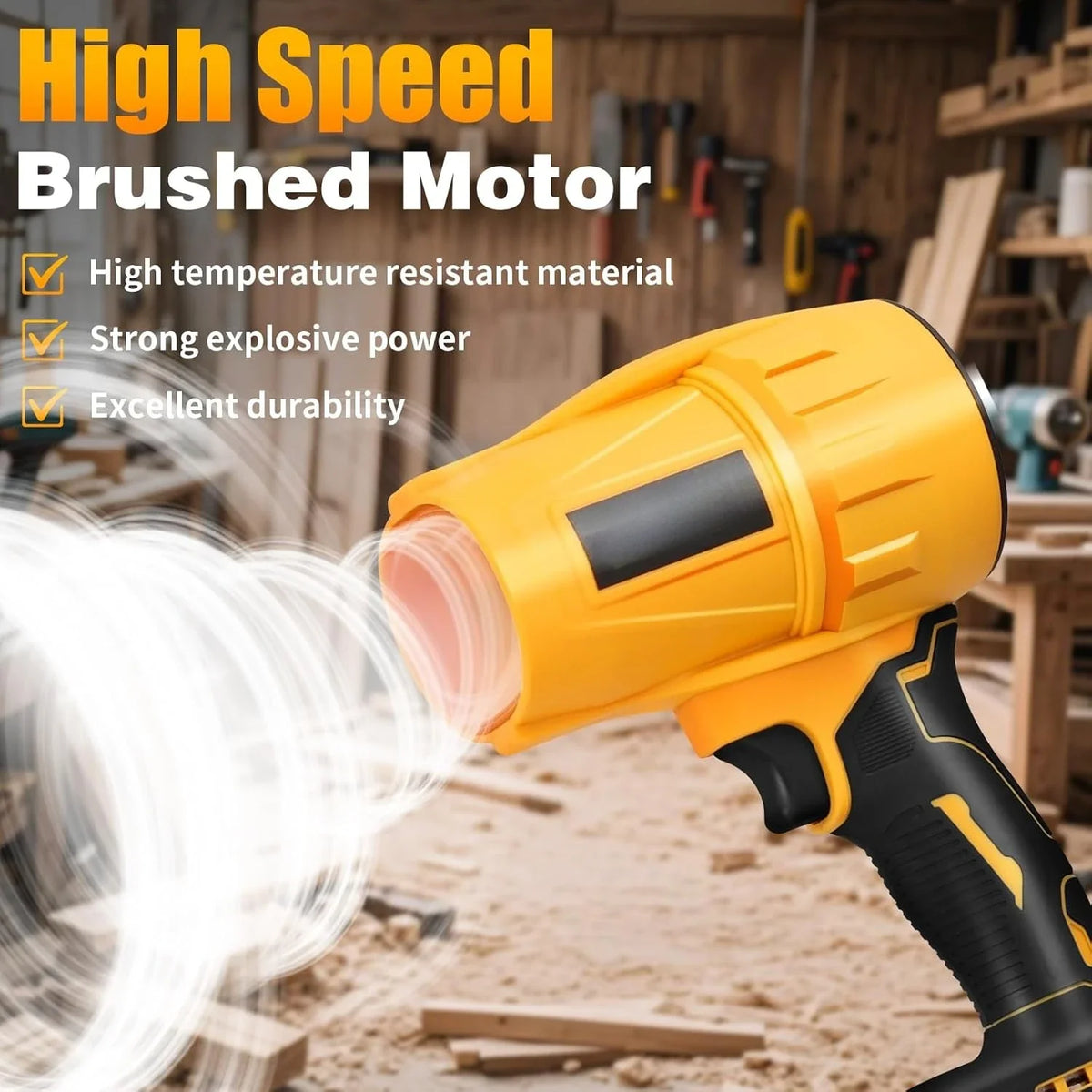 Yellow cordless air blower with a brushed motor blowing white air in a construction setting