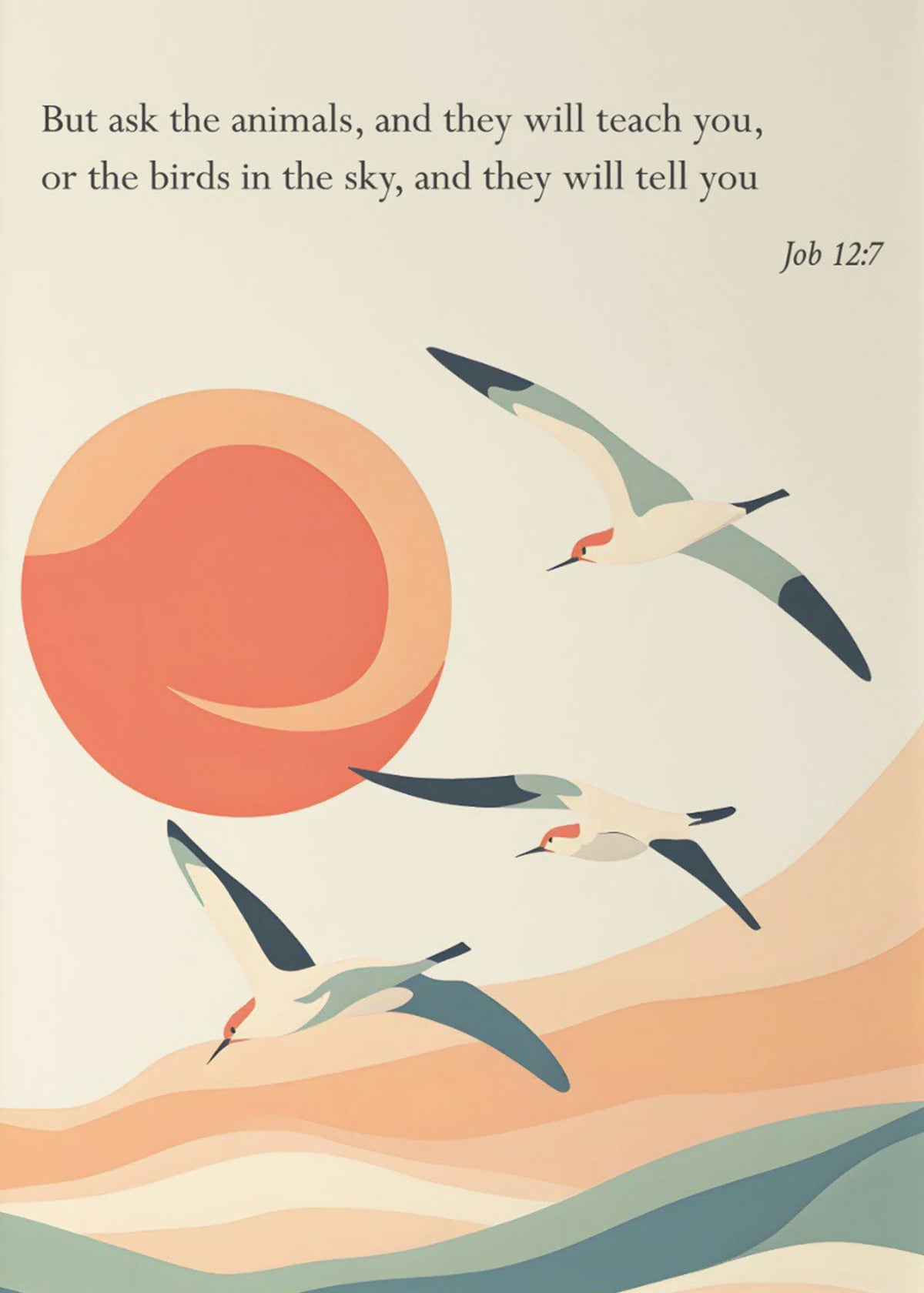 A painting depicting several birds in flight over rolling hills, with a biblical verse above.