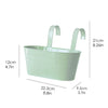 A light green metal hanging planter with curved handles, shown next to dimension lines.