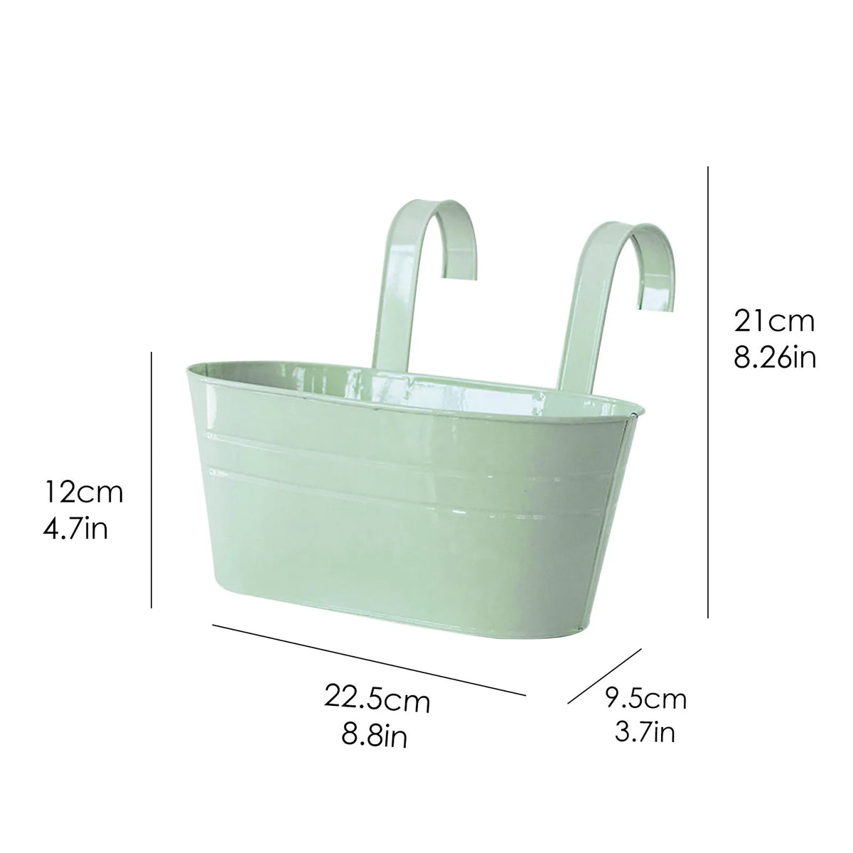 A light green metal hanging planter with curved handles, shown next to dimension lines.