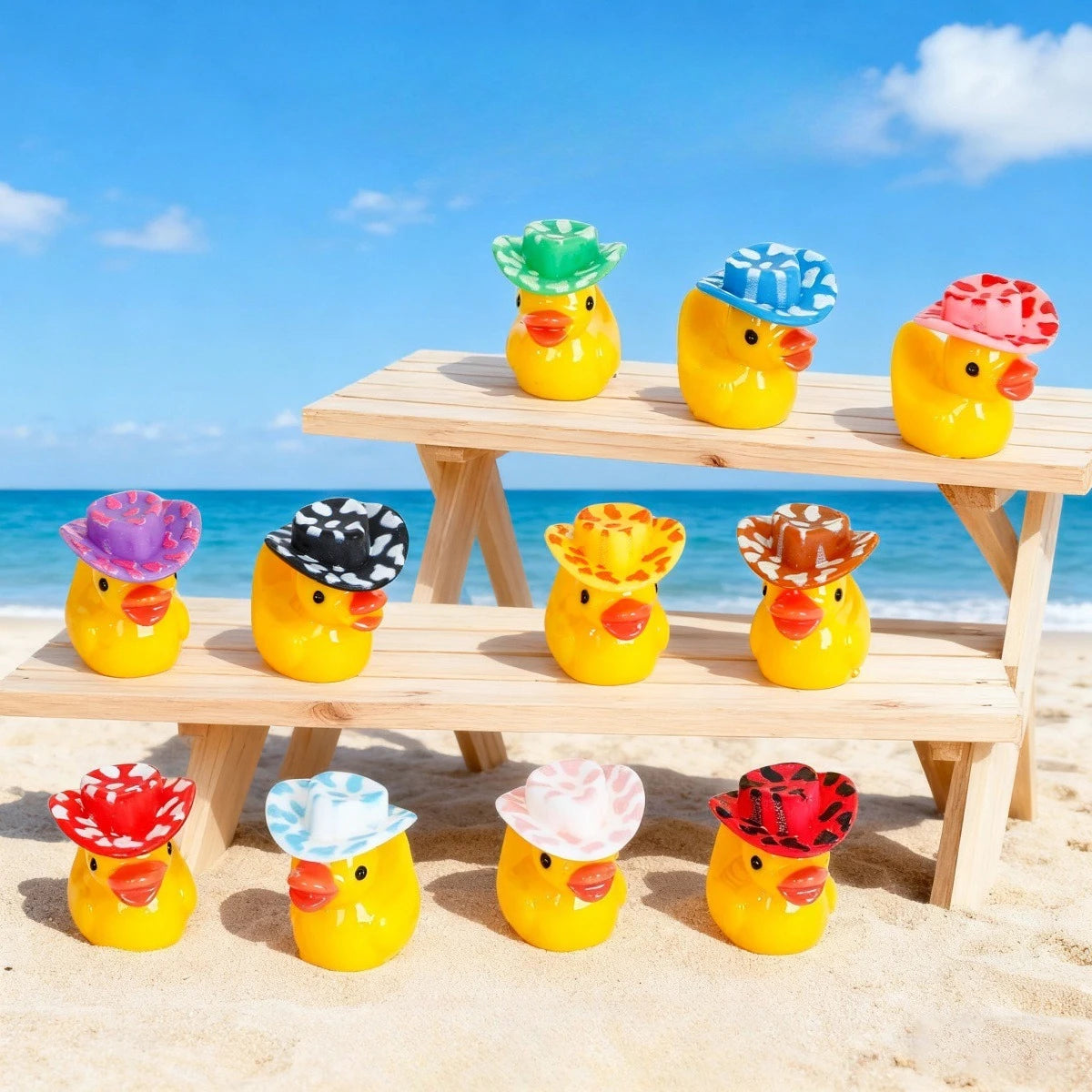 A collection of glow-in-the-dark resin duck figurines with colorful hats sitting on a wooden deck near the ocean.