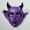 A purple horned fantasy creature mask with detailed eye makeup and black horns.