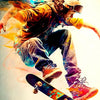 A skateboarder wearing a helmet and jacket is performing a trick against a bright, colorful background.