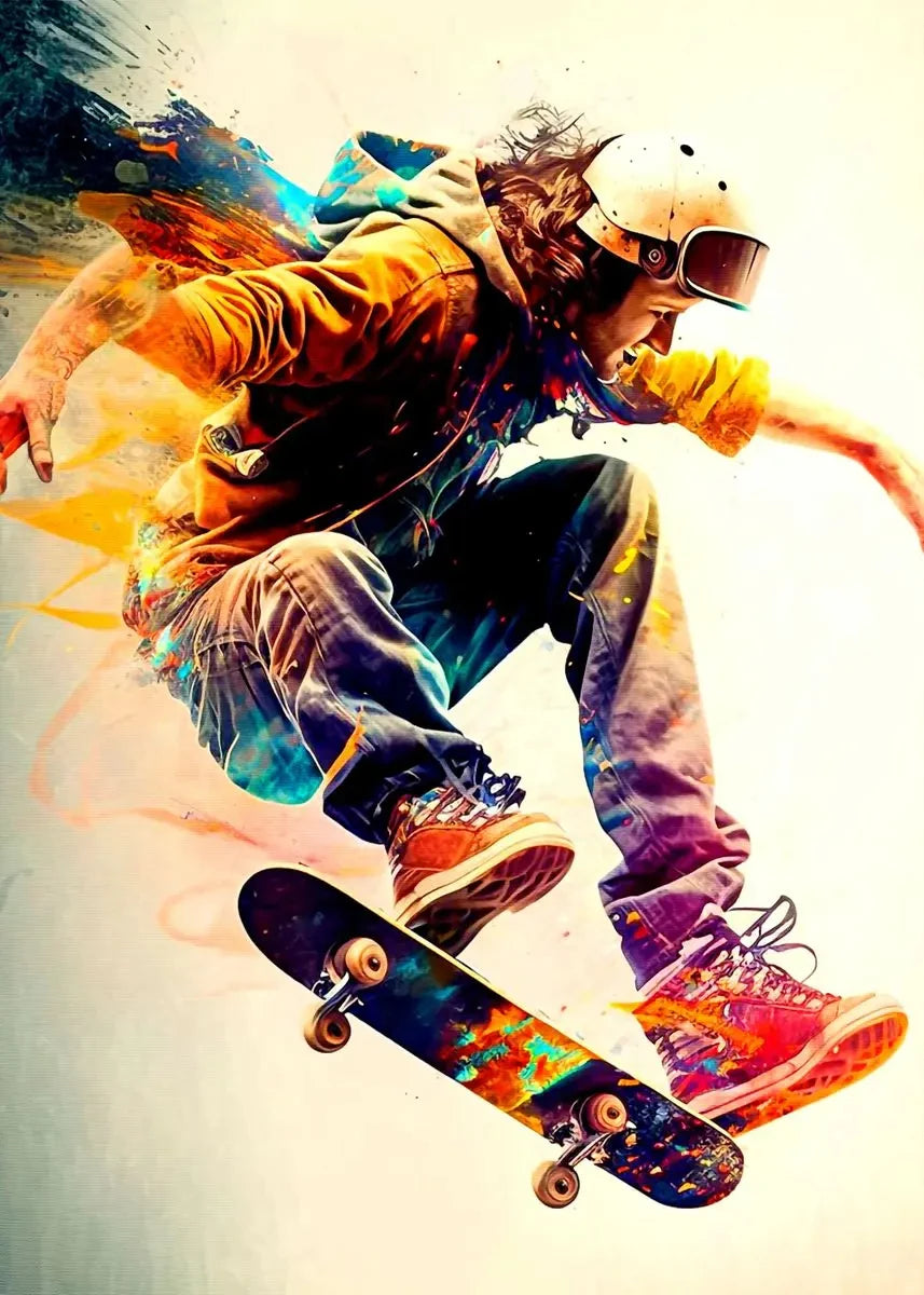 A skateboarder wearing a helmet and jacket is performing a trick against a bright, colorful background.