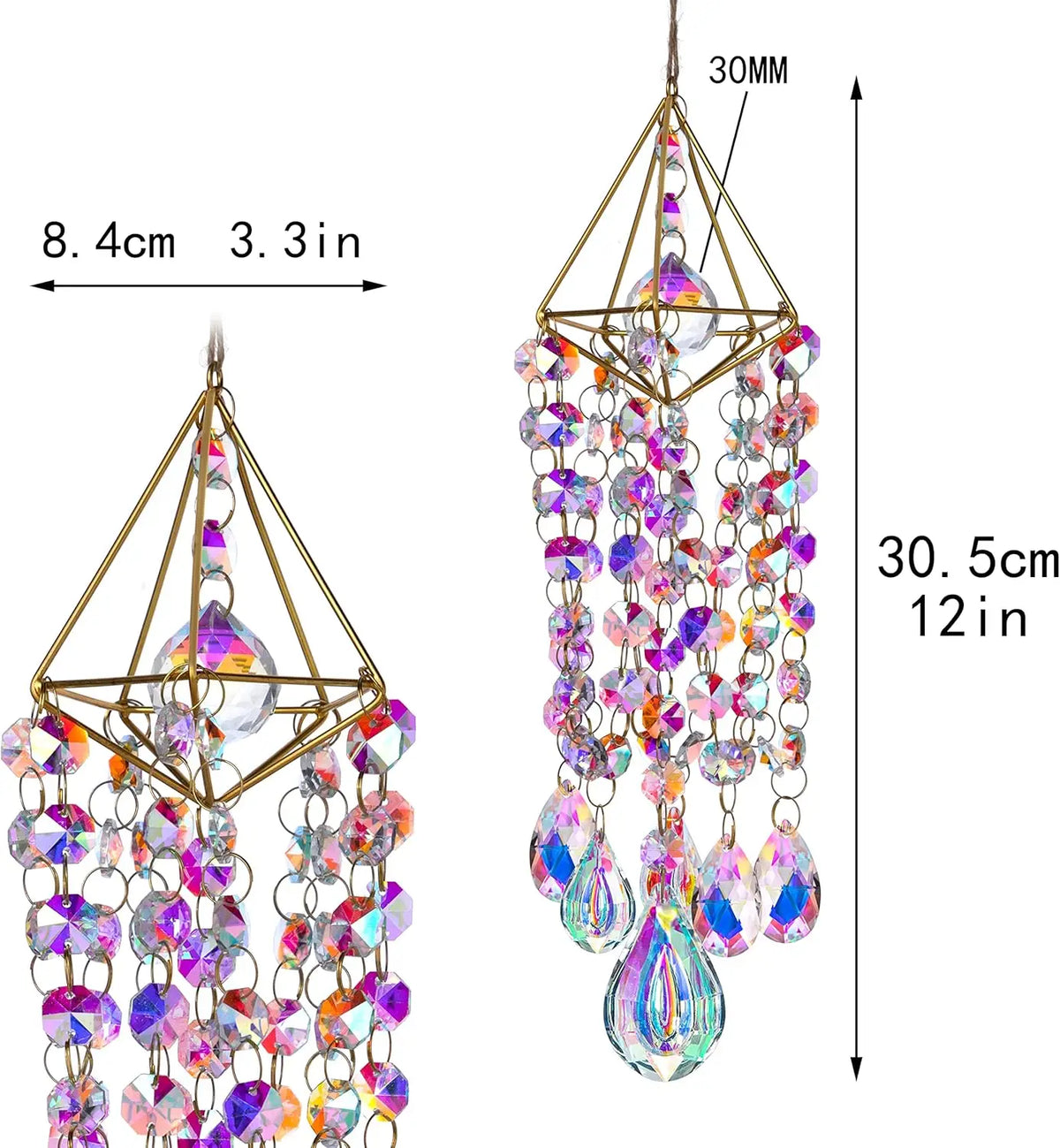 A hanging crystal rainbow wind chime featuring faceted gems and chains, with dimensions of 30mm by 30.5cm.