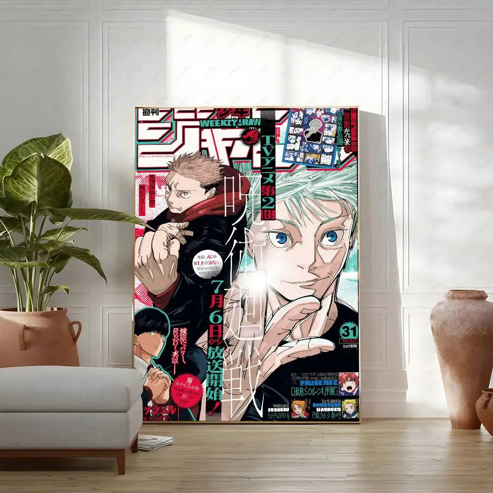 A vertical poster featuring characters from Jujutsu Kaisen anime in a vibrant, detailed illustration.