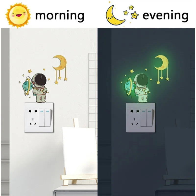 Luminous astronaut star and moon wall stickers shown in morning and evening light contexts.