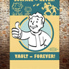 A vertical banner featuring a cartoon character giving a thumbs up and text that reads SURFACE NEVER and VAULT FOREVER