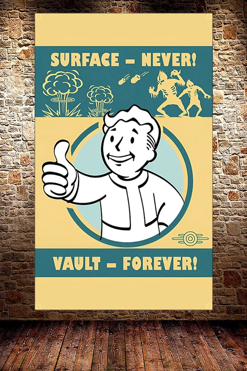 A vertical banner featuring a cartoon character giving a thumbs up and text that reads SURFACE NEVER and VAULT FOREVER