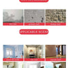 Examples of peel-and-stick wallpaper application on walls, including wet tide, pothole wall, bumpy wall, paint, tile, smooth 