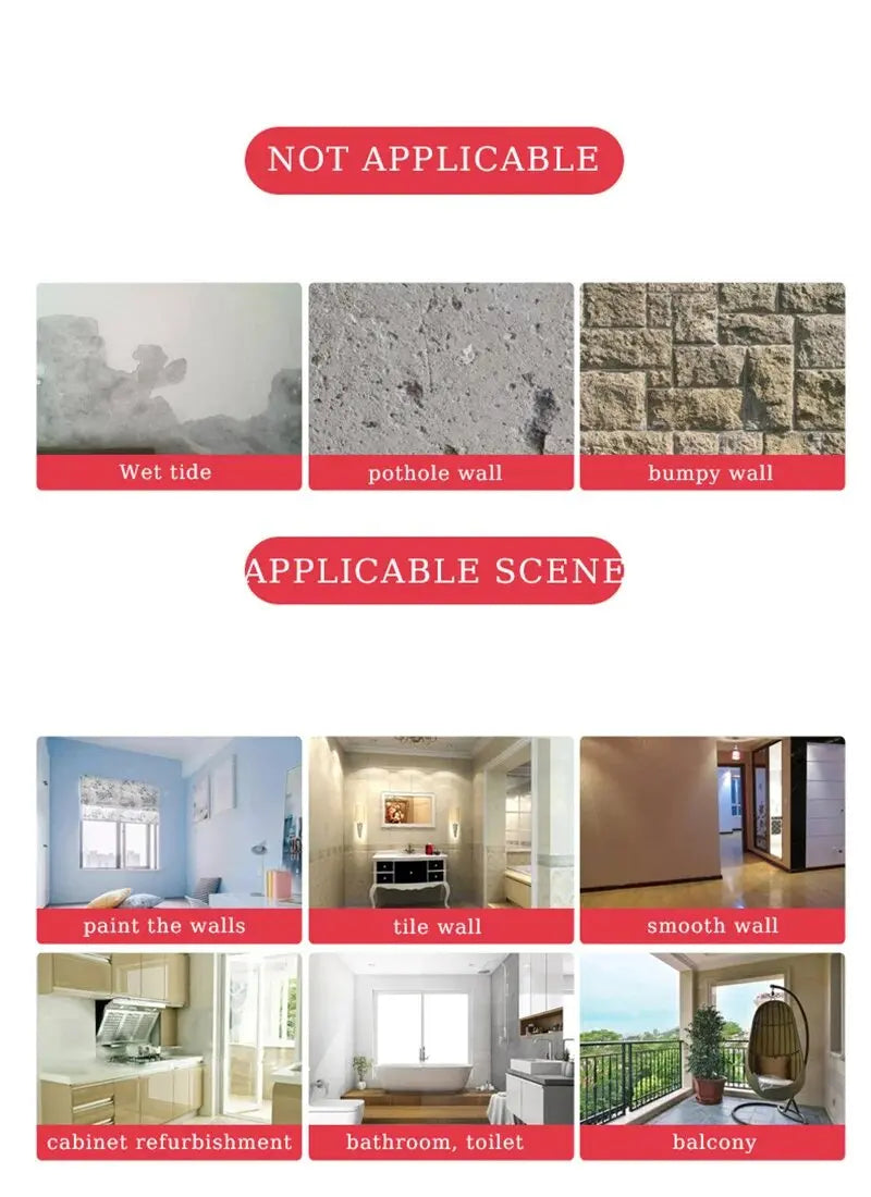 Examples of peel-and-stick wallpaper application on walls, including wet tide, pothole wall, bumpy wall, paint, tile, smooth 
