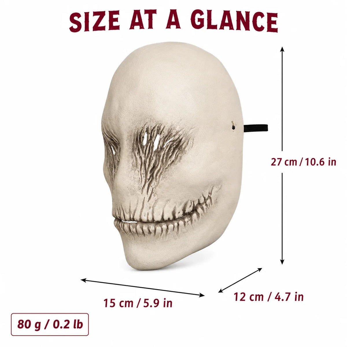 Diagram showing the size of a sculpted horror ghost face mask, measuring 27 cm in height and 15 cm wide.