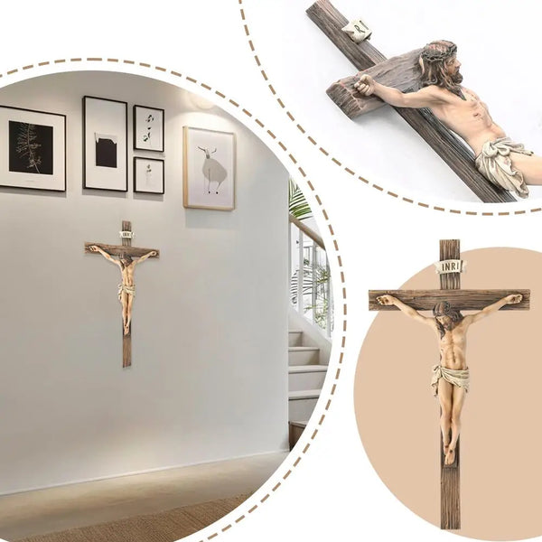 A hand-painted resin cross statue depicting Jesus Christ on a wooden cross for home decor.