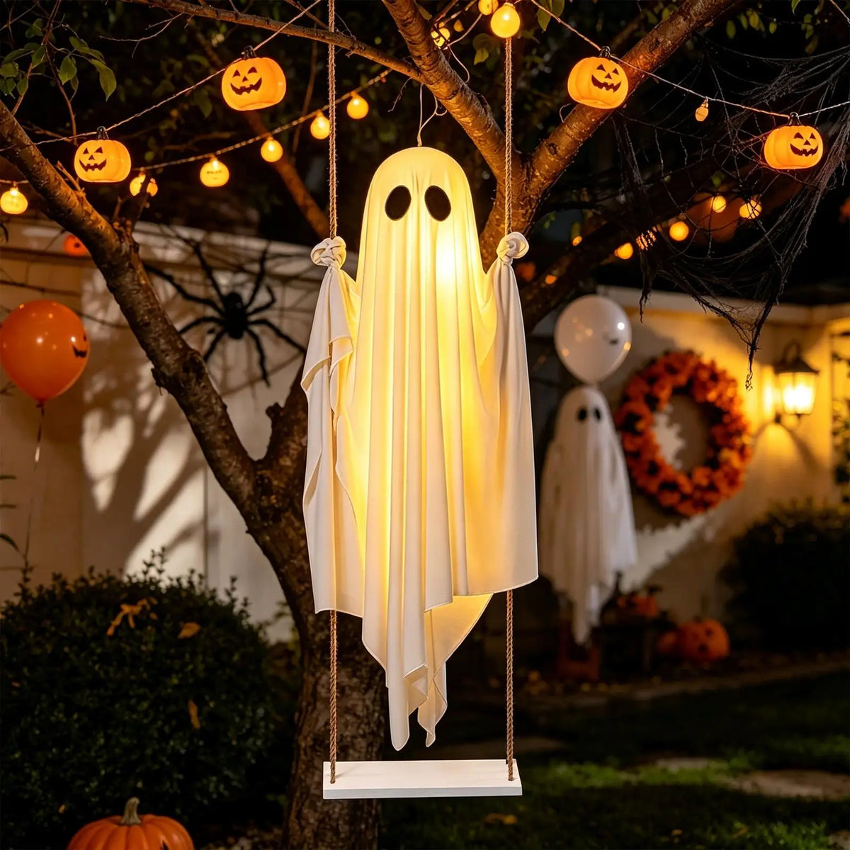 Une décoration fantôme blanche pend d'une branche d'arbre, illuminée par une lumière lointaine dans un décor d'Halloween en e