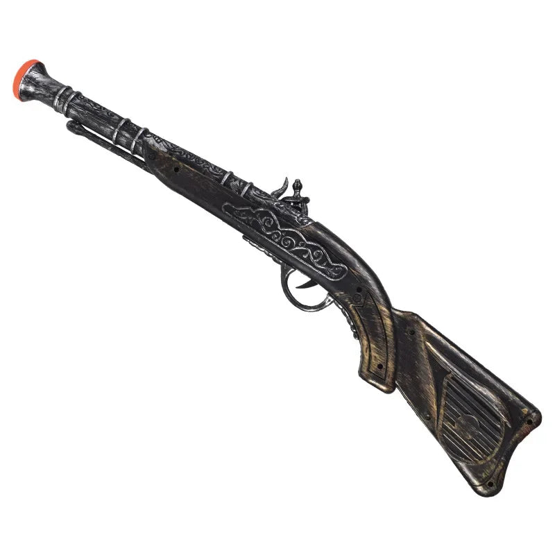 A dark, antique-style pirate pistol costume prop with a wooden stock and decorative scrollwork.