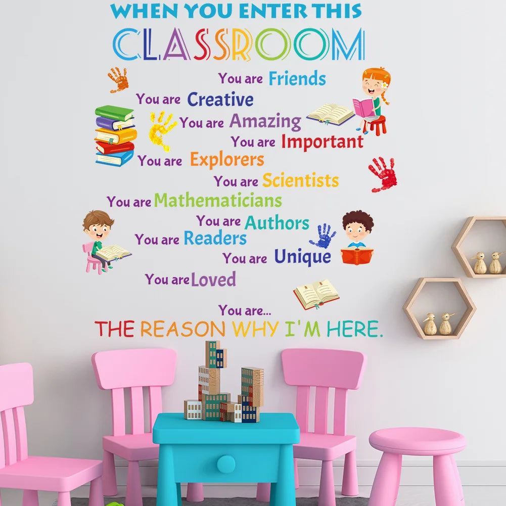 Inspirational slogan wall stickers featuring positive messages like You are Creative and You are Loved on a white wall.