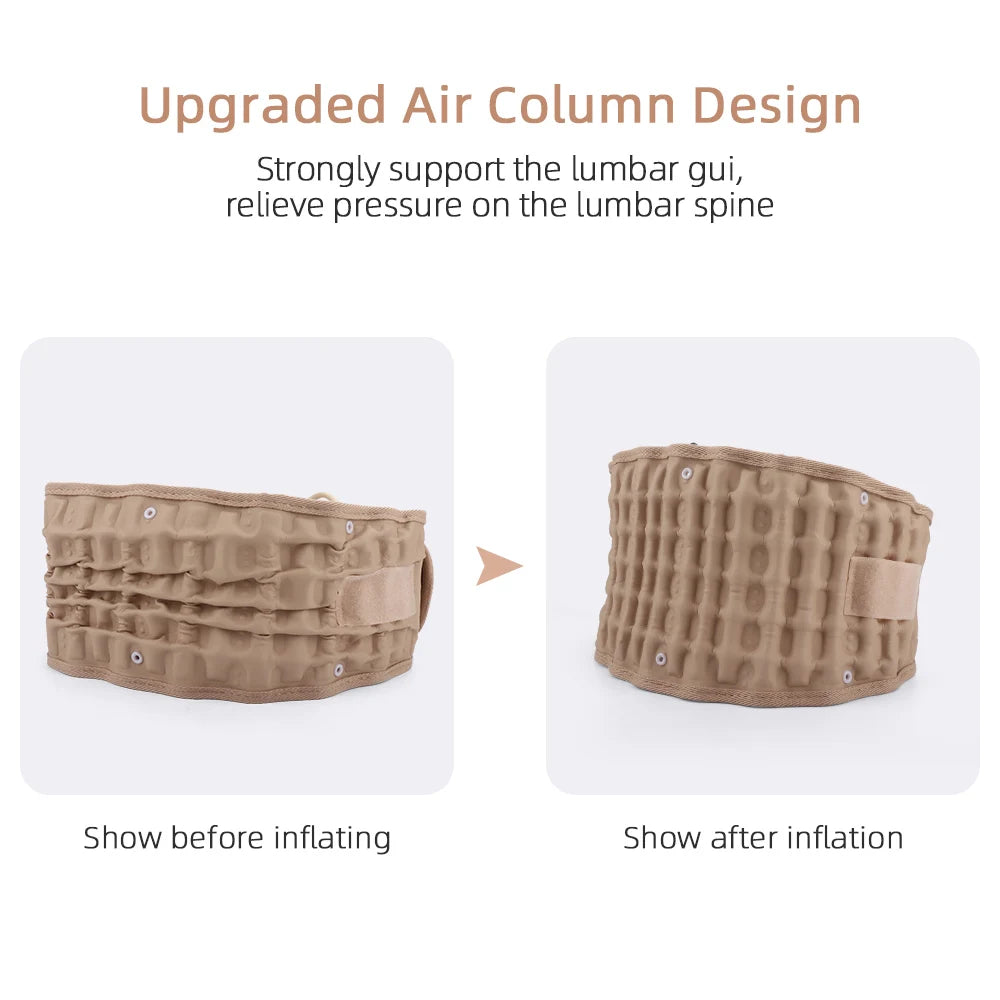 A tan inflatable lumbar support belt shown before and after inflation.