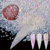 A close-up of multicolor AB glass micro beads for nail art and DIY crafts, including a hand with glitter and loose beads.