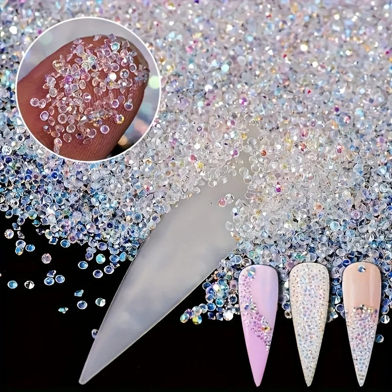 A close-up of multicolor AB glass micro beads for nail art and DIY crafts, including a hand with glitter and loose beads.